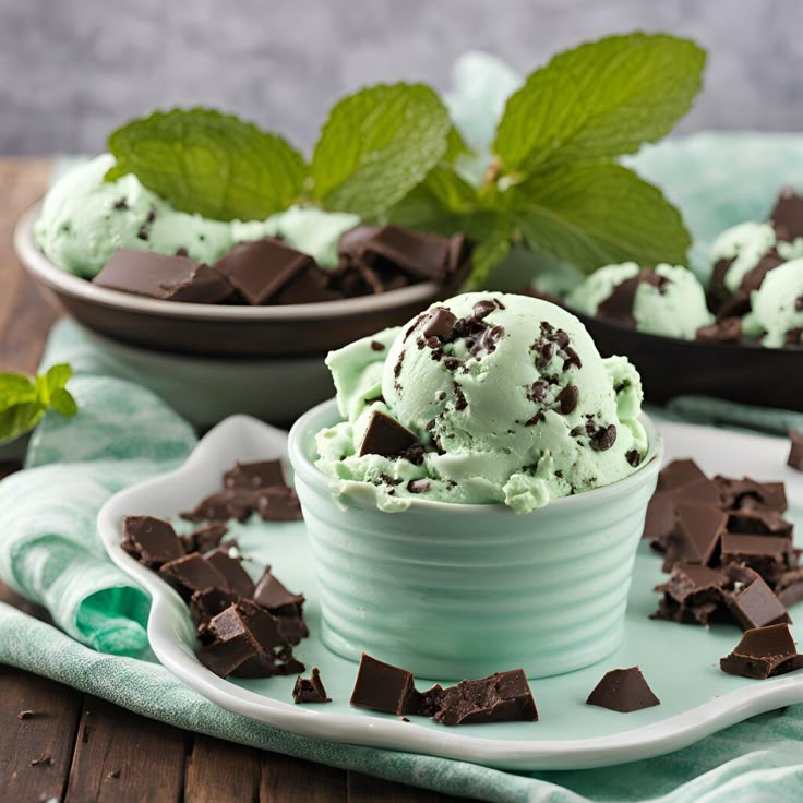 Mint ice cream with chocolate in the ice cream and around the dessert bowl